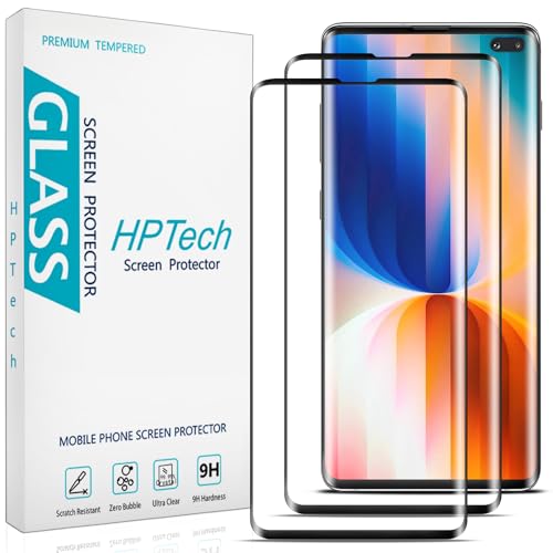 HPTech (2 Pack) Screen Protector for Samsung Galaxy S10 Plus 6.4 Inch Tempered Glass Film, 3D Curved Full Screen Coverage, HD Clear, Anti Scratch, Case Friendly