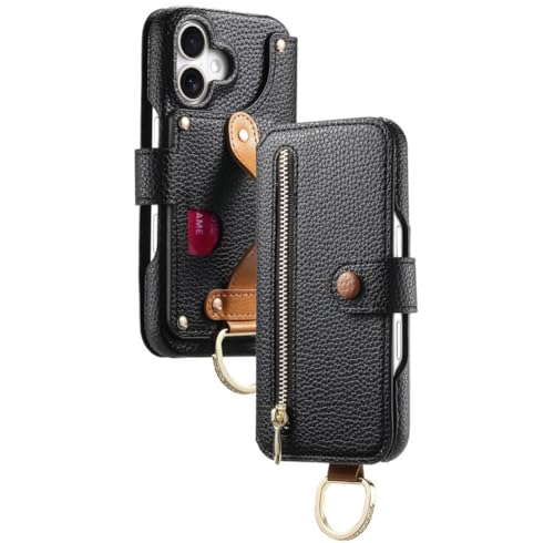 Étui cuir iPhone 16 Plus noir protecteur anti-rayure avec fentes cartes bancaires