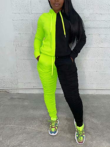 Elosele Women Color Block Two Piece Outfits Drawstring Hooded Sweatshirt Ruched Skinny Pant Set Loungewear Sport Jumpsuit A-Yellow&Black M #TOP1