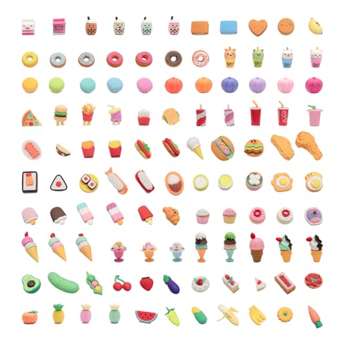 CLOCK KING 110Pcs 3D Food Erasers for Kids, All are Food Styles, Random Desktop Pets Toys Gifts, Mini Puzzle Classroom Rewards, Kids Party Favors Back to School Supplies