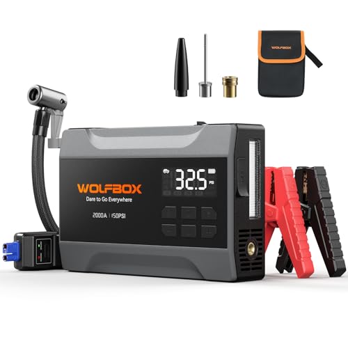 WOLFBOX 2000A Jump Starter with Air Compressor, 10000mAh Car Battery Jumper Starter Portable (up to 5L Gas Engine) with 150PSI Tire Inflator, 12V Jump Box with Jumper Cables, Boost, LED Light