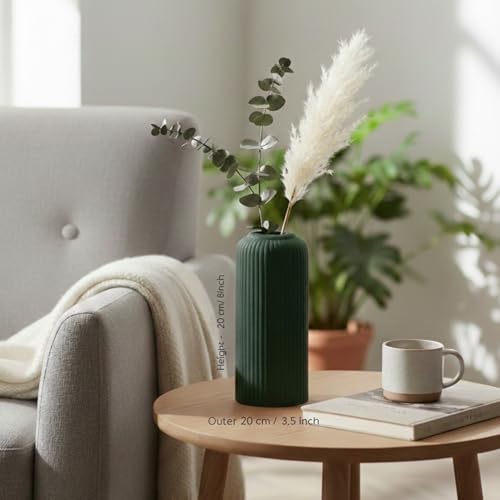 Image of KREATIVE ART'S Modern Ribbed Design Ceramic Flower Vase for Living Room, Flower Pots for Artificial Flower, Home Decoration Item, Home Decor, Vases for Living Room (Dark Green, Medium)