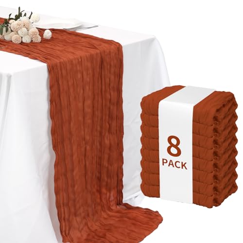 8 Pack Terracotta Cheesecloth Table Runner 120 Inch 10FT Red Cheese Cloth Fabric Burnt Orange Runners for Football Theme, Banquet, Barro Themed Party Retro Decoration, Fall Wedding Decor