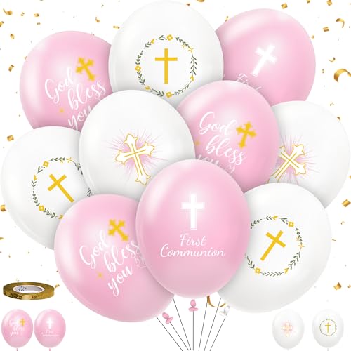 HYOWCHI 48 Pcs First Holy Communion Decorations Balloons for Girl Pink God Bless Baptism Theme Latex Balloons with Gold Crosses for Christenings Baby Shower Religious Baptisms