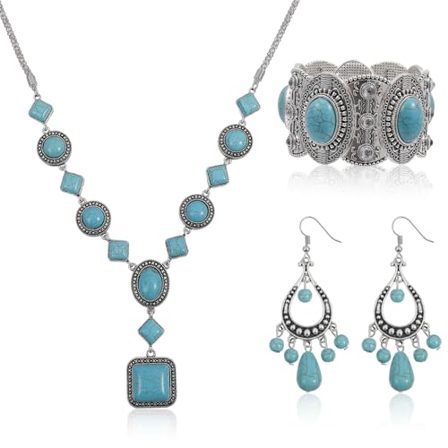 Joyas bohemias de turquesa con colgante occidental y pendientes ligeros antiarrugas