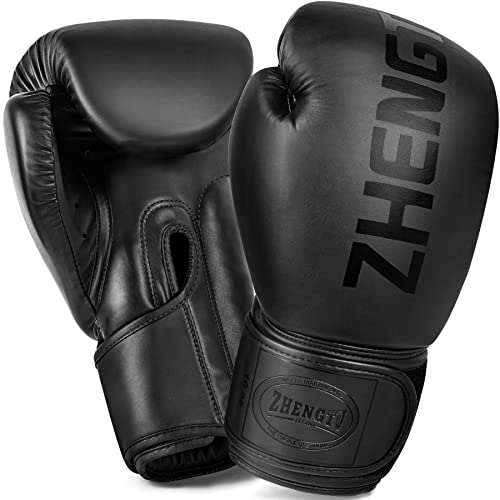 ZTTY Boxing Gloves PU Leather Muay Thai Punching Bag MMA Kickboxing Pro Grade Sparring Training Fight Gloves for Men & Women (Black&BB, 12oz)