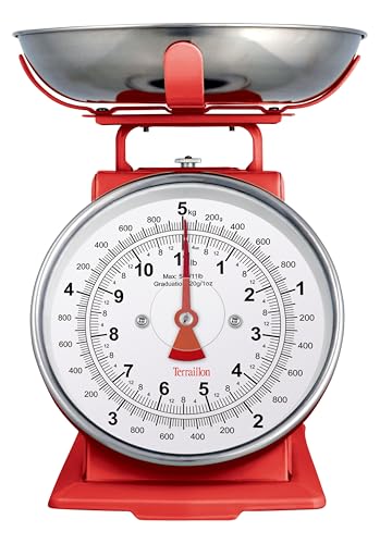 TERRAILLON - TRAD 500 - Balance de cuisine Vintage mécanique, Grand cadran, Grand bol 1L inclus, Tare manuelle, Capacité 5 Kg, Graduation 20 g, Finition Inox, Rouge