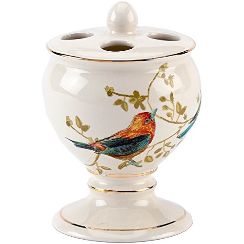 Avanti Linens - Toothbrush Holder Ceramic Bathroom Accessories Nature Inspired Home Decor (Gilded Birds Collection)