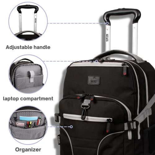 Image of J World Lunar Rolling Backpack. Laptop Bag With Wheels. Wheeled Carry-On Travel Luggage, Black, 19.5 x 13 x 8 Inches