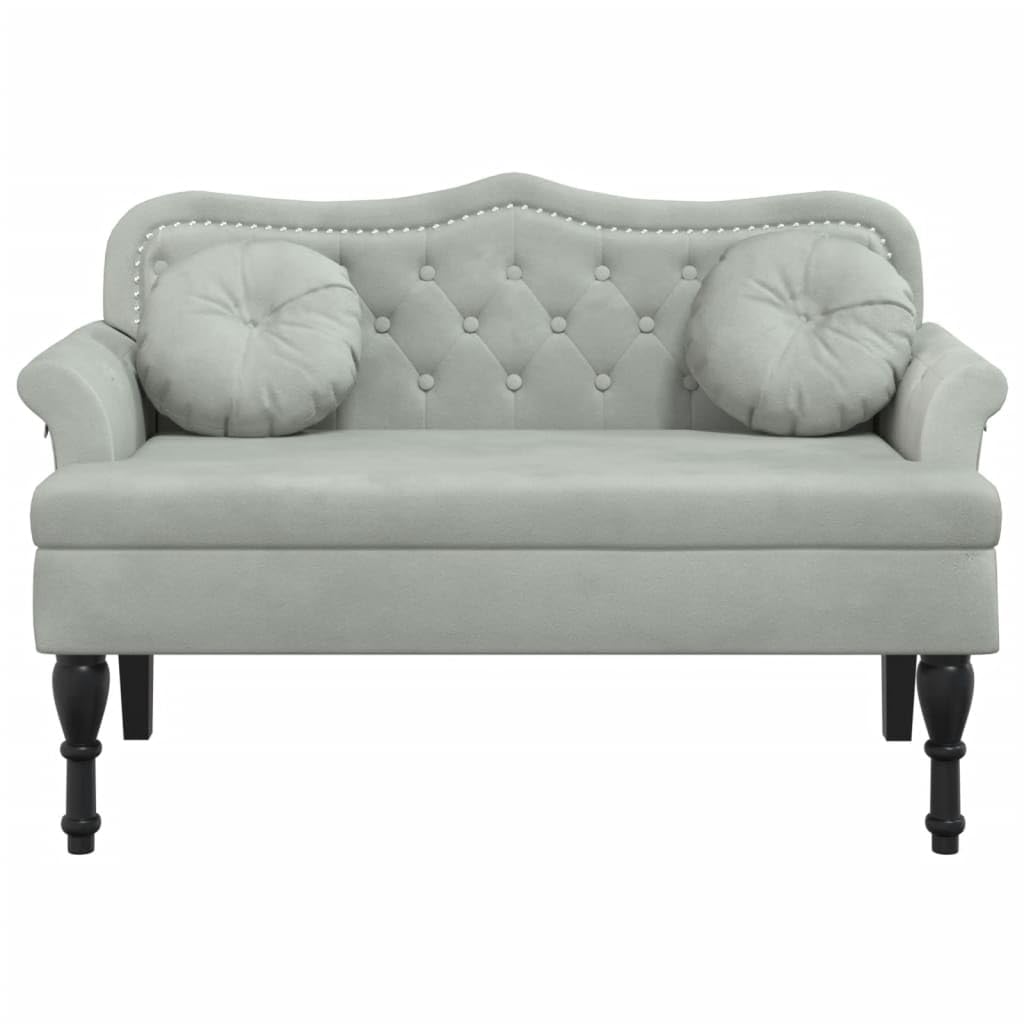 Banco de terciopelo gris claro, 120,5 x 65 x 75 cm, con cojín, banco acolchado con acolchado grueso, respaldo y reposabrazos, cierre de botones y patas de madera de madera maciza de caucho