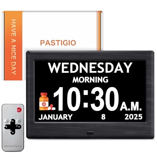 7'' Digital Clocks, 12 Reminders & 6 Alarms, Dementia Clock with Date and Time for Elderly, Auto-Dimming, Button & Remote Control, Auto DST, Digital Calendar for Seniors Large Display, Black Woodgrain