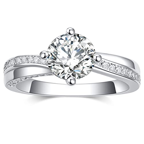 Auldey 1.9 Carat Round Cut Moissanite Engagement Rings for Women in 14k White Gold Plated Silver Ring (D Color, VVS, cttw) Anniversary Promise Ring Size 6-9