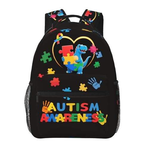 Xalvyriehf Mochila infantil de conscientização do autismo – linda mochila infantil com design de dinossauro com capa para laptop, mochila escolar leve para meninos e meninas, mochila de viagem