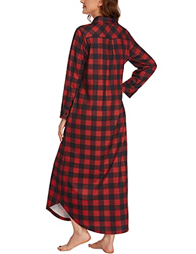 Ekouaer Women's Cotton Nightgown Long Sleeve Plaid Sleep Shirts Button Down Sleepwear with Pockets4
