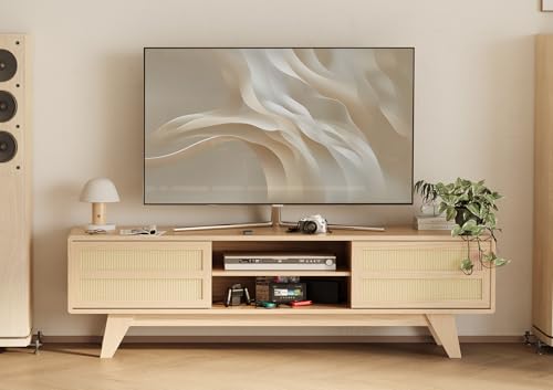 Image of Claiks Boho TV Stand for 70 Inch TV, Modern TV Console with 2 Rattan Storage Cabinets & Adjustable Shelf, Woven TV Stand for Living Room, Oak Color