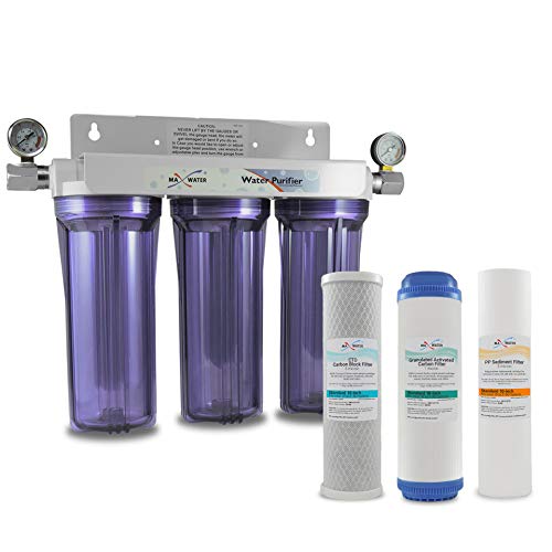 3 Stage 10 inch Whole House Water Filter Clear Housing Water Filtration System SED,GAC,CTO Carbon Filters, 3/4" Ports + 2 Dry Pressure Gauge, Good for City Water
