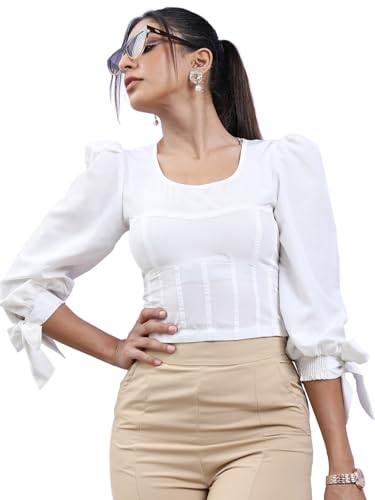 Image of Tokyo Talkies Women's Three-Quarter Sleeves Closed Neck Solid Tops|Stylish | Casual Wear