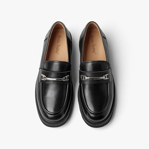 Image of BEAU TODAY Chunky Platform Loafers Women, Slip On Penny Loafers for Women Casual Shoes, Leather Comfortable Business Office Ladies Dress Shoes with Metal Buckle Black US 8