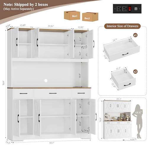 HOSTACK 71" Tall Kitchen Pantry Storage Cabinet with Charging Station, 55" Wide Kitchen Hutch Cabinet with Large Countertop, Farmhouse Food Pantry with Drawers for Living Room, White