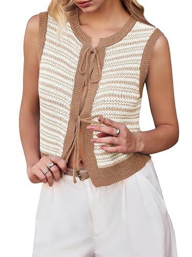 Yousify Womens Crochet Chunky Knit Tops Striped Sweater Vest Sleeveless Sweater Cardigan Bow Tie Open Front Tank Tops