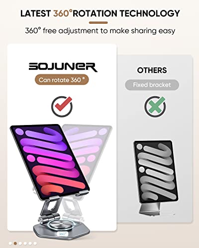 Sojuner Tablet Stand Adjustable, Swivel Ipad Stand With 360 Rotating Base, Aluminum Foldable Desktop Stand Holder Compatible With All Tablet Such As Ipad Pro 12.9,11,10.5,9.7, Grey #TOP1