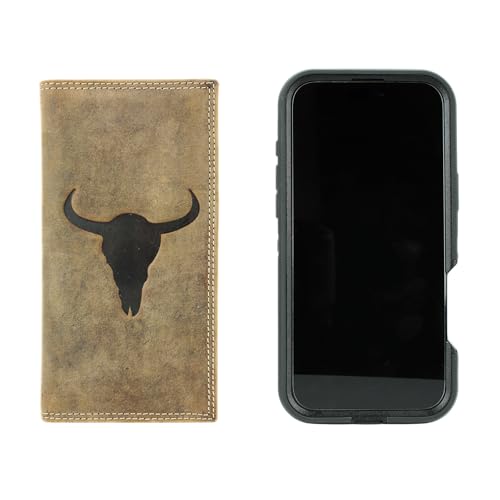American Bison Men’s Rodeo Wallet – Embossed Bison Skull Leather Bi-Fold, 12 Card Slots, ID Window, 4 Bill Compartments, Pen Holder – Wooden Gift Box (Brown)4
