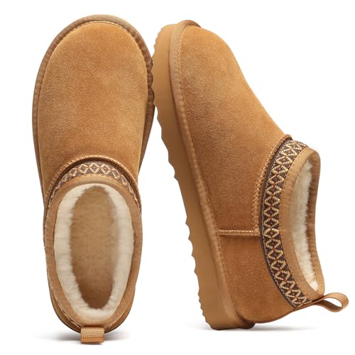 Litfun Genuine Suede Mini Boots for Women Winter Fuzzy Snow Boots Short Ankle Boot with Fur Lined, Chestnut EU 39