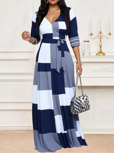 Image of CaniBtr Maxi Dresses for Women Plus Size 3 /4 Sleeve Long Dress with Belt | Versatile plus-size maxi dress,wrap v-neck + waist tie craft soft glamorous looks easily for everyday casual outings