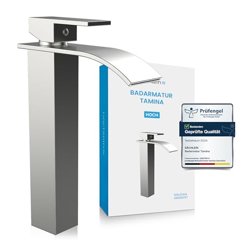 Bächlein Badarmatur Tamina hoch in Wasserfall-Design, extra hoher Einhebelmischer mit Montage-Set für Aufsatzwaschbecken, Bad Wasserhahn Edelstahl gebürstet