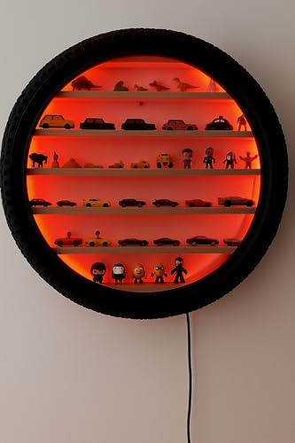 Image of Apnatva 24 Inch Wooden Wall Hanging Lighting Tyre - Perfect for Home Decor, Hot Wheels Display, Kids' Toys Stand & Birthday Gift (Without Toys) (RED)