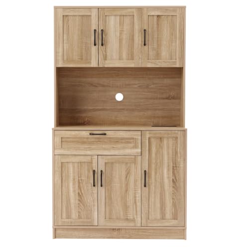 Image of Panana Kitchen Cupboard Tall Cabinet with Power Socket, LED Light (Oak)