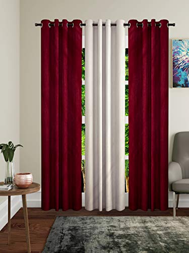 Image of Home Sizzler Polyester 3 Piece Long Door Curtain Set, 9 feet (2 Maroon, 1 Cream)