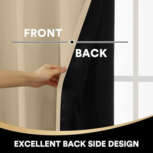 Image of 100% Blackout Double Pinch Pleat Curtains, Linen, Thermal Insulated, 2 Panels, Solid, (Beige)