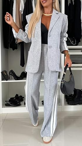 Women's Lapel Long Sleeve Casual Suit, Fashion Blazer Jackets and Dressy Wide Leg Pant Suits with Pockets 2 Piece Set2