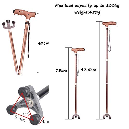 Bastones Plegables con luz LED, muletas de Piedra de Terapia magnética Ajustables mejoradas para Artritis lesionada de Edad Avanzada, bastón con Base giratoria de 3 Patas (Color: marrón)