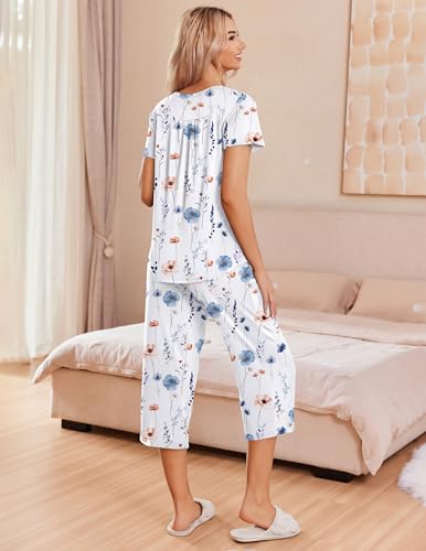 Image of Ekouaer Women's Pajama Sets Short Sleeve Sleepwear Button Up Pj Loungewear Top and Capri Pants with Pockets