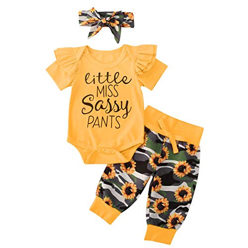 Newborn Infant Baby Girl Clothes Pocket Flower Ruffle Short Sleeve T-Shirt Top+Floral Pants +Headband Outfits Set (camo&Floral Pant Set, 0-6 Months)
