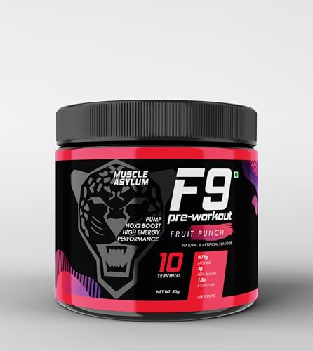 Image of Muscle Asylum F9 Series Pre-Workout Powder|80g, 10 Servings|Fruit Punch|With Genuine Lab Reports|Boosts Energy & Endurance|Improves Focus|1.5g BCAA|750mg Beta - Alanine|with 300mg Caffeine Per Serving