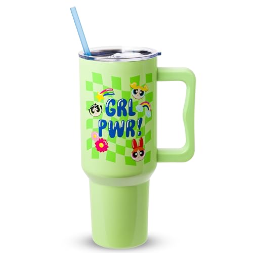 Silver Buffalo The Powerpuff Girls Girl Power Groovy Retro Featuring Blossom, Bubbles, and Buttercup Double Walled Stainless Steel Tumbler with Handle and Straw, Fits in Standard Cup Holder, 40 Ounces