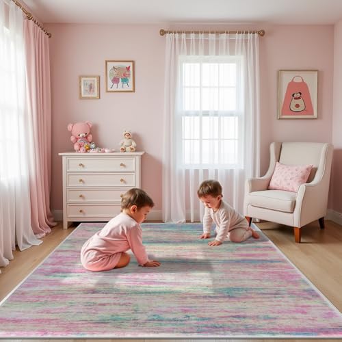 KOZYFLY Pink Nursery Rug for Baby Girl, Washable Thin Area Rugs 5x7 for Kids Bedroom Dorm Playroom, Non-Slip Faux Wool Soft Low Pile Living Room Rug for Dining Room, Kitchen Bathroom