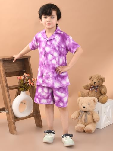 Image of superminis Baby Boys Rayon Tie-Dye Printed Co-ord Set With Notched Collar Shirt and Shorts