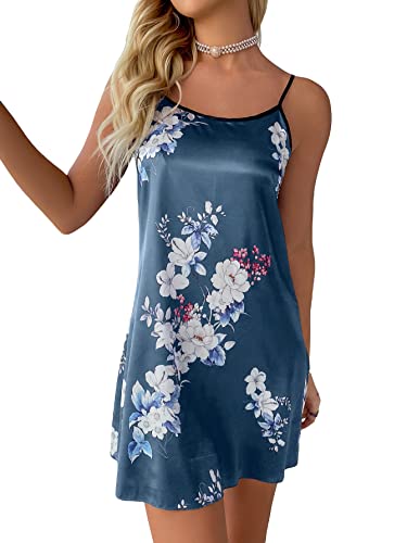 Makemechic Women's Satin Slip Nightgown Floral Print Silk Cami Nightdress Sleepwear Dusty Blue Xl #TOP4