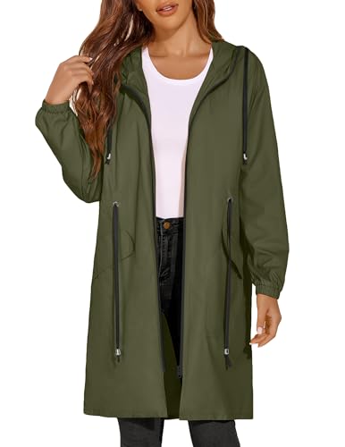 ELESOL Womens Rain Jacket Waterproof Long Rain Coat Windbreaker Lightweight Breathable Packable Trench Coats Army Green