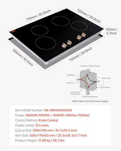 Image of VEVOR Induction Cooktop, 4 Burner 6600W Electric Countertop Burner, Knob Control Built-in Stove, Induction Cooktop with 12 Temperature Settings, Glass Surface, Auto Shut-Off
