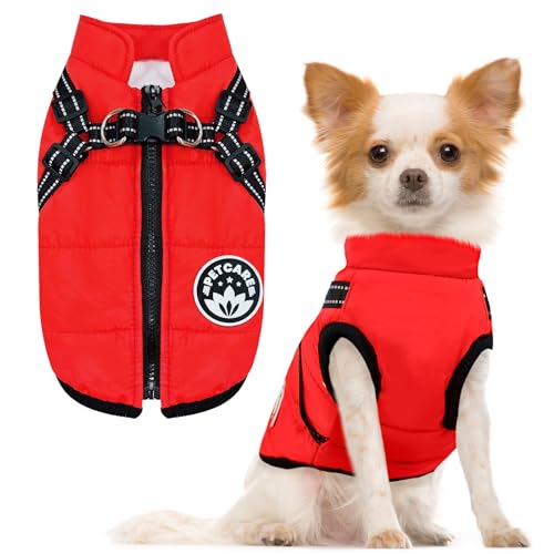 PETCARE Winter Dog Coat with Harness Built in Waterproof Dog Jackets Warm Pet Fleece Vest Windproof Snow Jacket Snowsuit Reflective Dogs Cold Weather Coats for Puppy Small Medium Large Dogs Cats