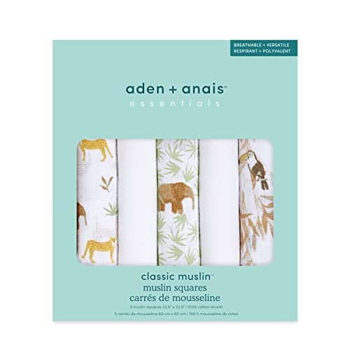 Image of aden + anais Essentials Musy Squares 5 Pack - Soft, Absorbent 100% Cotton Muslin Baby Cloths (23.5 inchx23.5 inch), Perfect for Spills, Drool & On-the-Go Cleanups, A Diaper Bag Essential, Tanzania