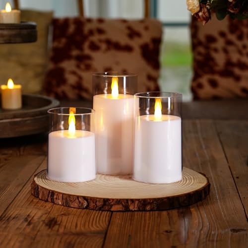 Image of Homemory Realistic Flickering Flameless Candles with Remote Control & Timer | LED Fake Electric Pillar Candles Battery Operated for Home, Datting, Christmas Decor, White, Set of 3