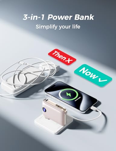 Image of Portable Charger with Built-in Cables & Wall Plug, 10000mAh Power Bank, 4 Outputs 22.5W USB C Fast Charging, Mini Travel Essentials Battery Pack with LED Display for iPhone /iPad /Samsung etc RoseGlod