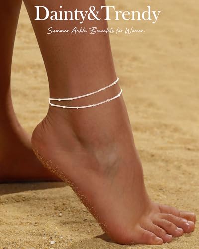 Image of FUNEIA Gold Silver Ankle Bracelets for Women Waterproof 14K Gold Plated Anklets for Women Non Tarnish Dainty Layered Beaded Heart Anklet Set Summer Beach Foot Chain Jewelry Gifts Trendy Stuff