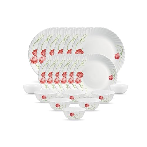 Image of La Opala Novo Collection Opal Glass Crockery | for Family of 6 | Dinner Set 20 pcs Dainty Swirls | Plates & Bowls for Dining | Microwave Safe | 100% Vegetarian | Extra Strong | Light & White